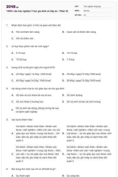 1000+ câu trắc nghiệm Y học gia đình có đáp án - Phần 32