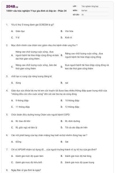 1000+ câu trắc nghiệm Y học gia đình có đáp án - Phần 34
