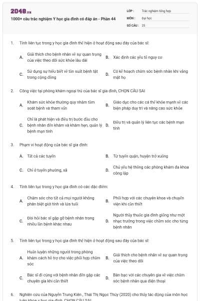 1000+ câu trắc nghiệm Y học gia đình có đáp án - Phần 44