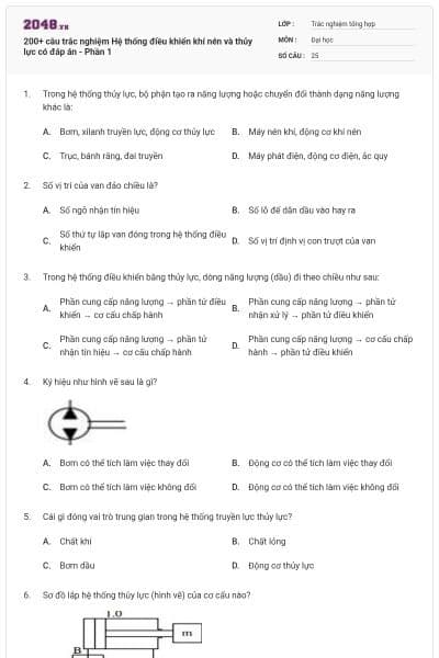200+ câu trắc nghiệm Hệ thống điều khiển khí nén và thủy lực có đáp án - Phần 1