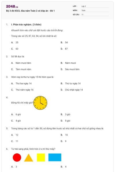 Bộ 3 đề KSCL đầu năm Toán 2 có đáp án - Đề 1