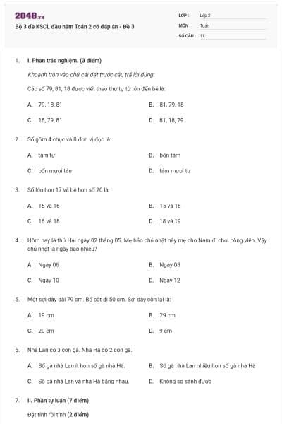 Bộ 3 đề KSCL đầu năm Toán 2 có đáp án - Đề 3