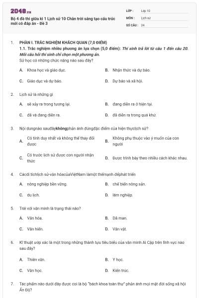 Bộ 4 đề thi giữa kì 1 Lịch sử 10 Chân trời sáng tạo cấu trúc mới có đáp án - Đề 3