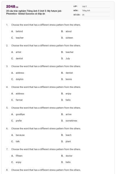 20 câu trắc nghiệm Tiếng Anh 5 Unit 5: My future job-Phonetics- Global Success có đáp án