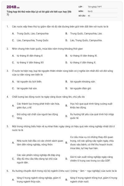 Tổng hợp thi thử môn Địa Lý có lời giải chi tiết cực hay (Đề 7)