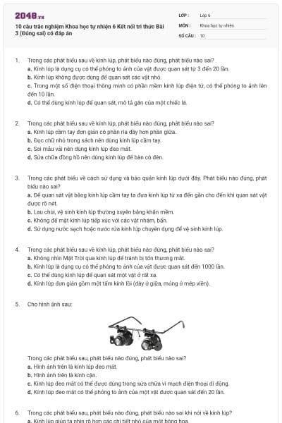 10 câu trắc nghiệm Khoa học tự nhiện 6 Kết nối tri thức Bài 3 (Đúng sai) có đáp án