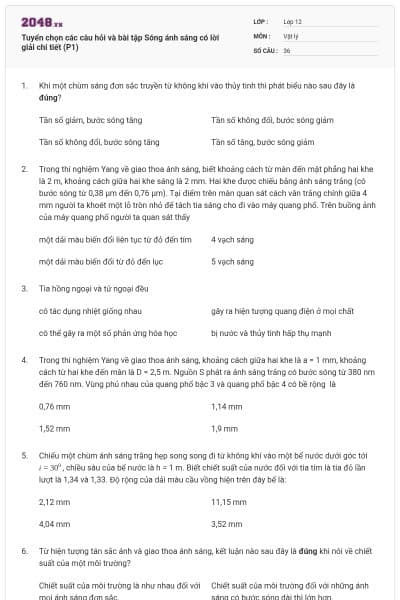 Tuyển chọn các câu hỏi và bài tập Sóng ánh sáng có lời giải chi tiết (P1)
