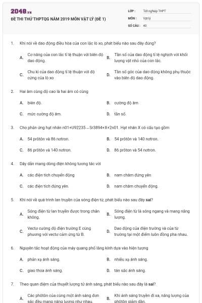 ĐỀ THI THỬ THPTQG NĂM 2019 MÔN VẬT LÝ (ĐỀ 1)