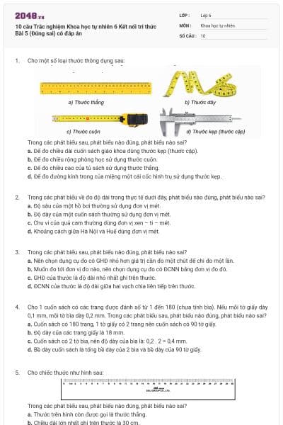 10 câu Trắc nghiệm Khoa học tự nhiên 6 Kết nối tri thức Bài 5 (Đúng sai) có đáp án
