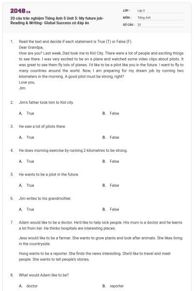 20 câu trắc nghiệm Tiếng Anh 5 Unit 5: My future job-Reading & Writing- Global Success có đáp án