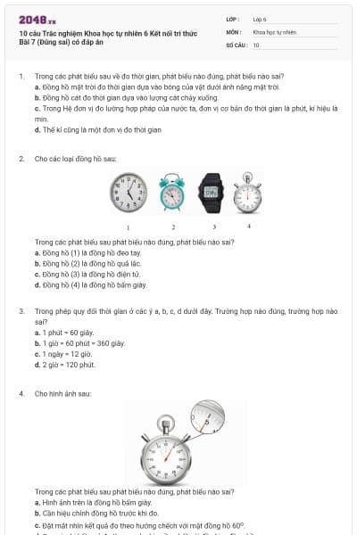 10 câu Trắc nghiệm Khoa học tự nhiên 6 Kết nối tri thức Bài 7 (Đúng sai) có đáp án