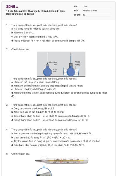 10 câu Trắc nghiệm Khoa học tự nhiên 6 Kết nối tri thức Bài 8 (Đúng sai) có đáp án