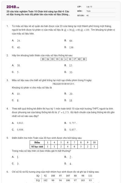 20 câu trắc nghiệm Toán 10 Chân trời sáng tạo Bài 4: Các số đặc trưng đo mức độ phân tán của mẫu số liệu (Đúng sai - Trả lời ngắn) có đáp án