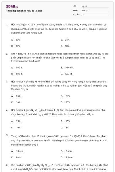 12 bài tập tổng hợp NH3 có lời giải