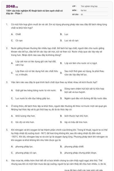 100+ câu trắc nghiệm Kĩ thuật tách và làm sạch chất có đáp án - Phần 1