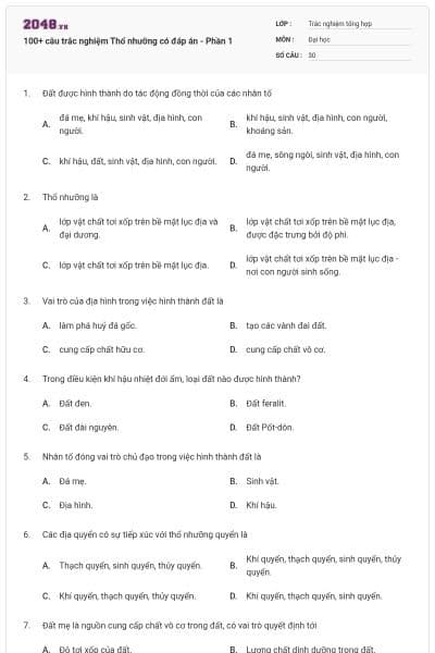 100+ câu trắc nghiệm Thổ nhưỡng có đáp án - Phần 1