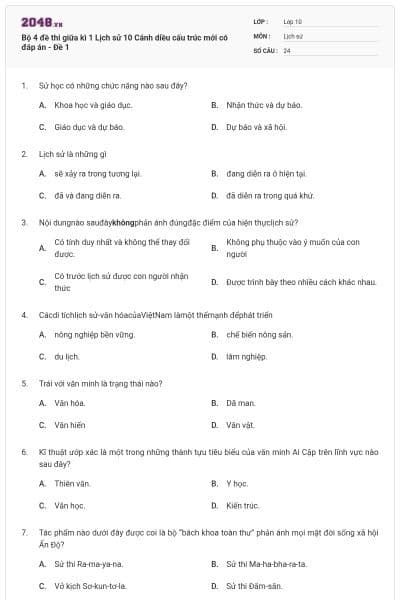 Bộ 4 đề thi giữa kì 1 Lịch sử 10 Cánh diều cấu trúc mới có đáp án - Đề 1