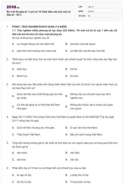 Bộ 4 đề thi giữa kì 1 Lịch sử 10 Cánh diều cấu trúc mới có đáp án - Đề 2