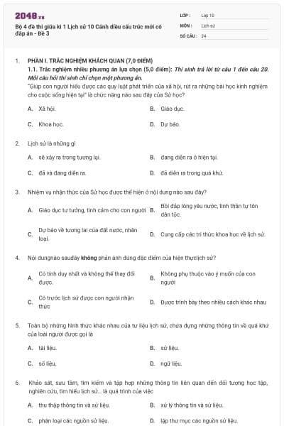 Bộ 4 đề thi giữa kì 1 Lịch sử 10 Cánh diều cấu trúc mới có đáp án - Đề 3
