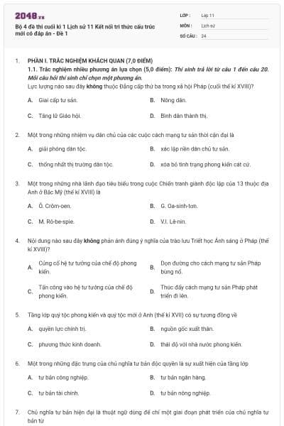 Bộ 4 đề thi cuối kì 1 Lịch sử 11 Kết nối tri thức cấu trúc mới có đáp án - Đề 1