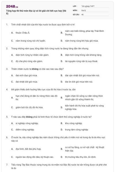 Tổng hợp thi thử môn Địa Lý có lời giải chi tiết cực hay (Đề 8)