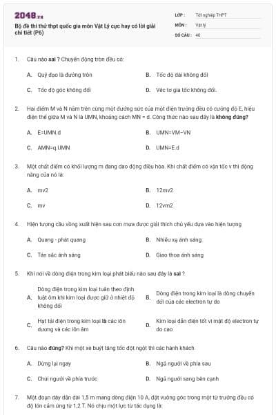 Bộ đề thi thử thpt quốc gia môn Vật Lý cực hay có lời giải chi tiết (P6)