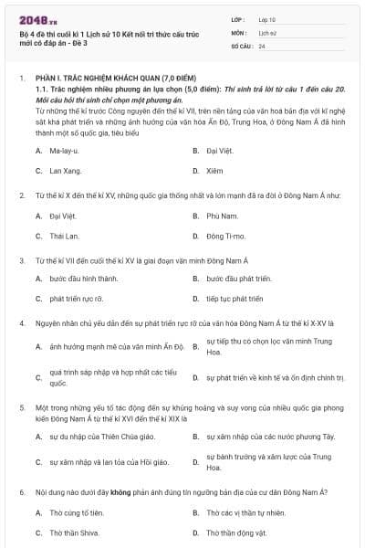 Bộ 4 đề thi cuối kì 1 Lịch sử 10 Kết nối tri thức cấu trúc mới có đáp án - Đề 3