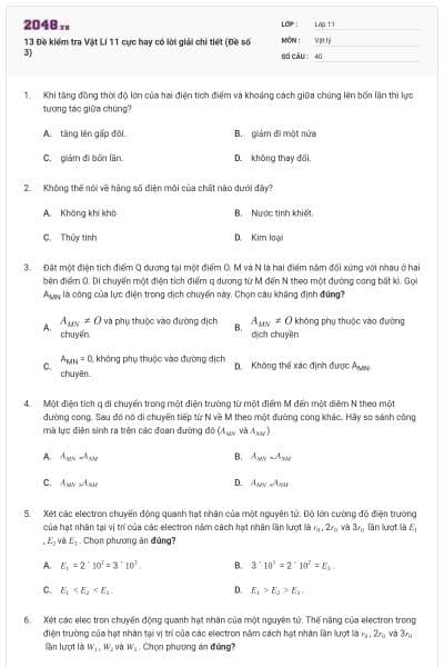 13 Đề kiểm tra Vật Lí 11 cực hay có lời giải chi tiết (Đề số 3)