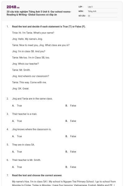 20 câu trắc nghiệm Tiếng Anh 5 Unit 6: Our school rooms-Reading & Writing- Global Success có đáp án