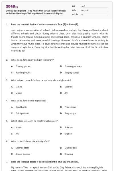 20 câu trắc nghiệm Tiếng Anh 5 Unit 7: Our favorite school activities-Reading & Writing- Global Success có đáp án