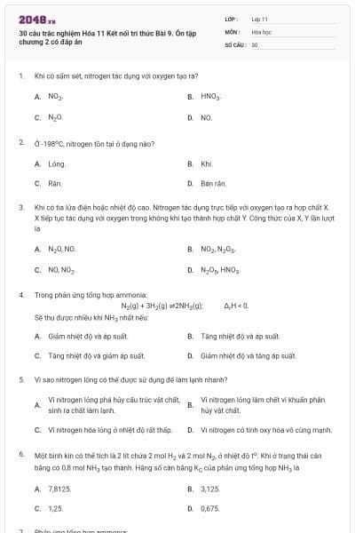 30 câu trắc nghiệm Hóa 11 Kết nối tri thức Bài 9. Ôn tập chương 2 có đáp án