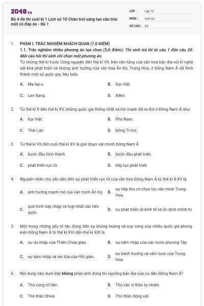 Bộ 4 đề thi cuối kì 1 Lịch sử 10 Chân trời sáng tạo cấu trúc mới có đáp án - Đề 1