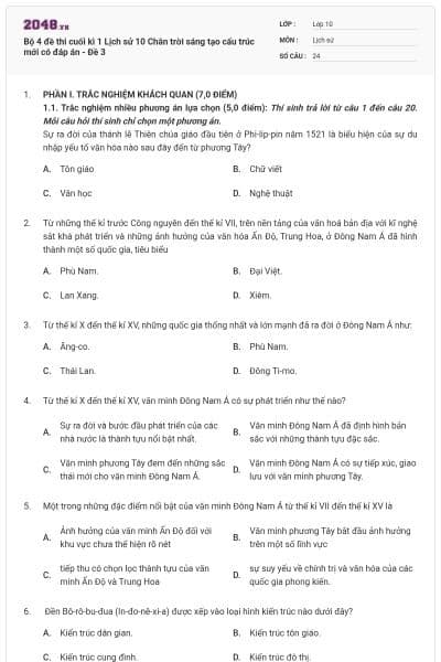 Bộ 4 đề thi cuối kì 1 Lịch sử 10 Chân trời sáng tạo cấu trúc mới có đáp án - Đề 3