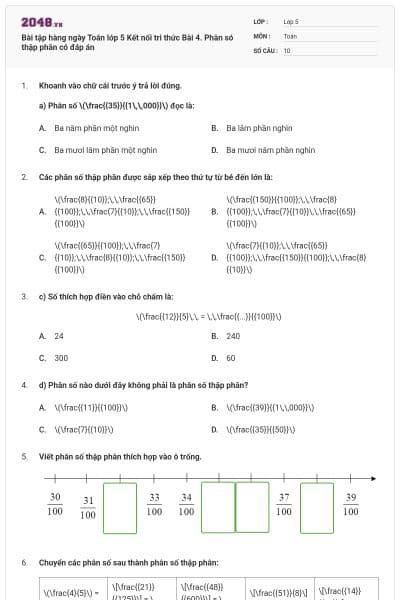 Bài tập hàng ngày Toán lớp 5 Kết nối tri thức Bài 4. Phân só thập phân có đáp án