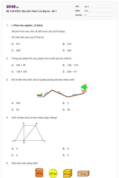 Bộ 3 đề KSCL đầu năm Toán 3 có đáp án - Đề 1