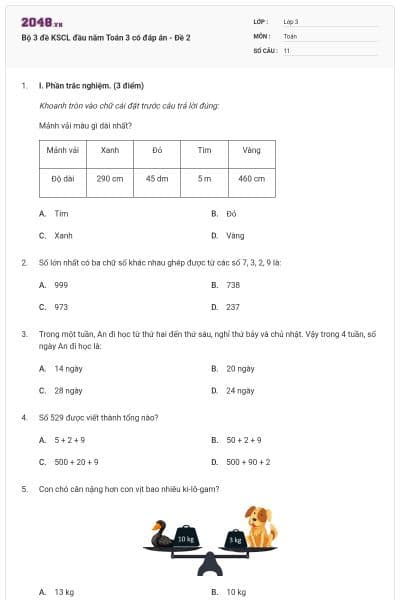 Bộ 3 đề KSCL đầu năm Toán 3 có đáp án - Đề 2