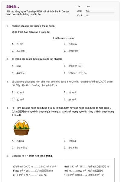 Bài tập hàng ngày Toán lớp 5 Kết nối tri thức Bài 8. Ôn tập hình học và đo lường có đáp án