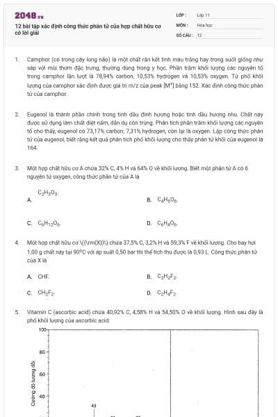 12 bài tập xác định công thức phân tử của hợp chất hữu cơ có lời giải