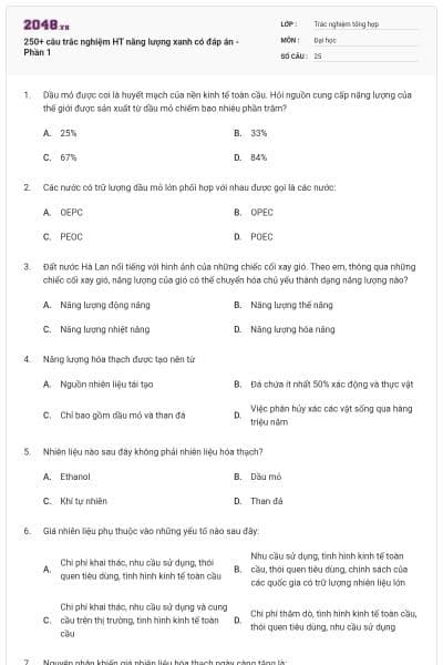 250+ câu trắc nghiệm HT năng lượng xanh có đáp án - Phần 1
