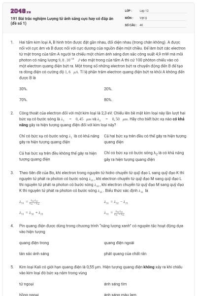 191 Bài trắc nghiệm Lượng tử ánh sáng cực hay có đáp án (đề số 1)