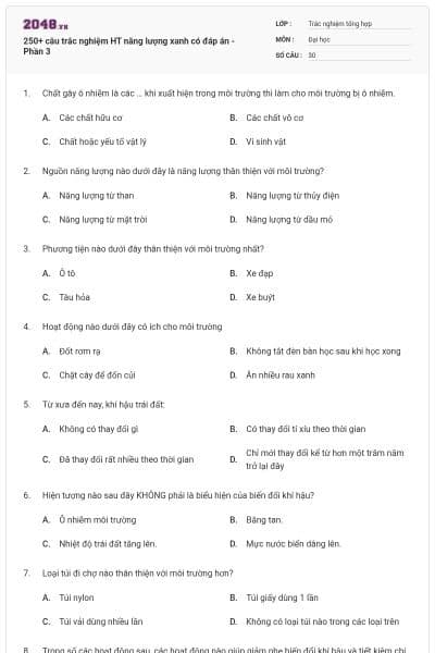250+ câu trắc nghiệm HT năng lượng xanh có đáp án - Phần 3