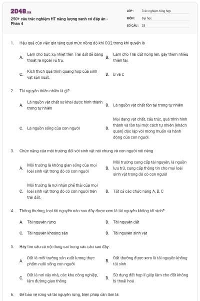 250+ câu trắc nghiệm HT năng lượng xanh có đáp án - Phần 4