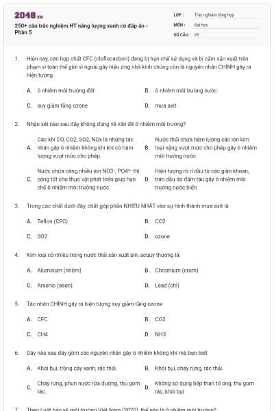 250+ câu trắc nghiệm HT năng lượng xanh có đáp án - Phần 5