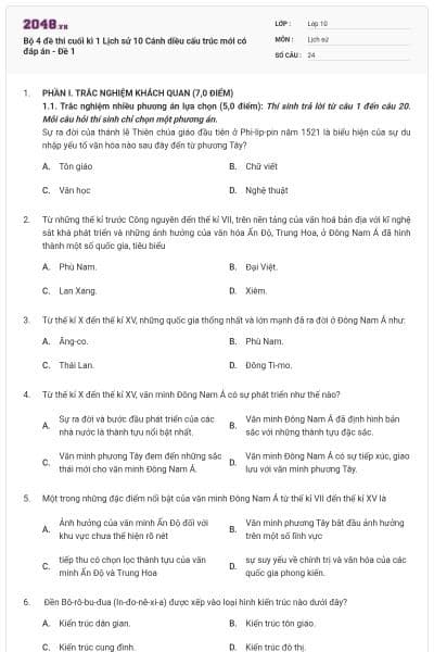 Bộ 4 đề thi cuối kì 1 Lịch sử 10 Cánh diều cấu trúc mới có đáp án - Đề 1