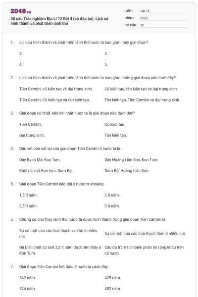 30 câu Trắc nghiệm Địa Lí 12 Bài 4 (có đáp án): Lịch sử hình thành và phát triển lãnh thổ