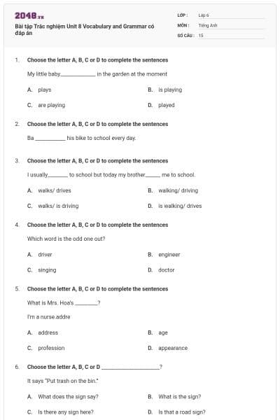 Bài tập Trắc nghiệm Unit 8 Vocabulary and Grammar có đáp án
