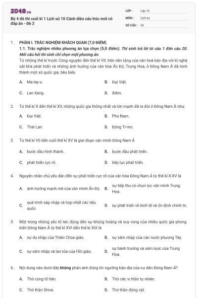 Bộ 4 đề thi cuối kì 1 Lịch sử 10 Cánh diều cấu trúc mới có đáp án - Đề 2