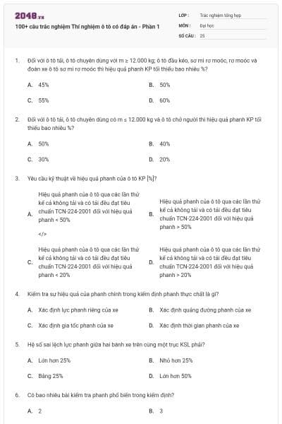 100+ câu trắc nghiệm Thí nghiệm ô tô có đáp án - Phần 1