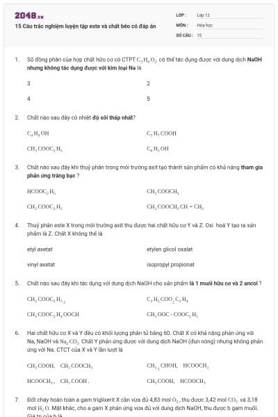 15 Câu trắc nghiệm luyện tập este và chất béo có đáp án
