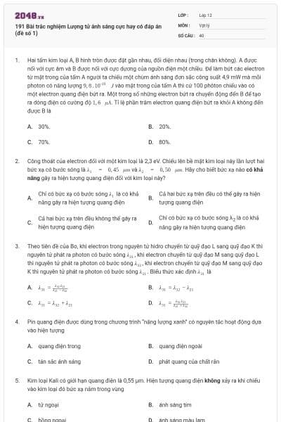 191 Bài trắc nghiệm Lượng tử ánh sáng cực hay có đáp án (đề số 1)